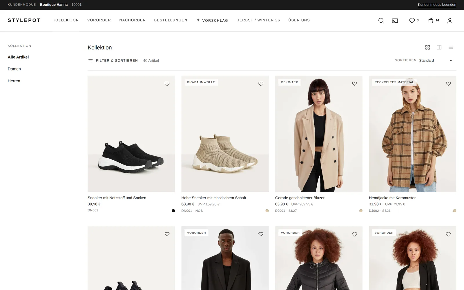 B2B-Shop mit Kollektion und Größenraster
