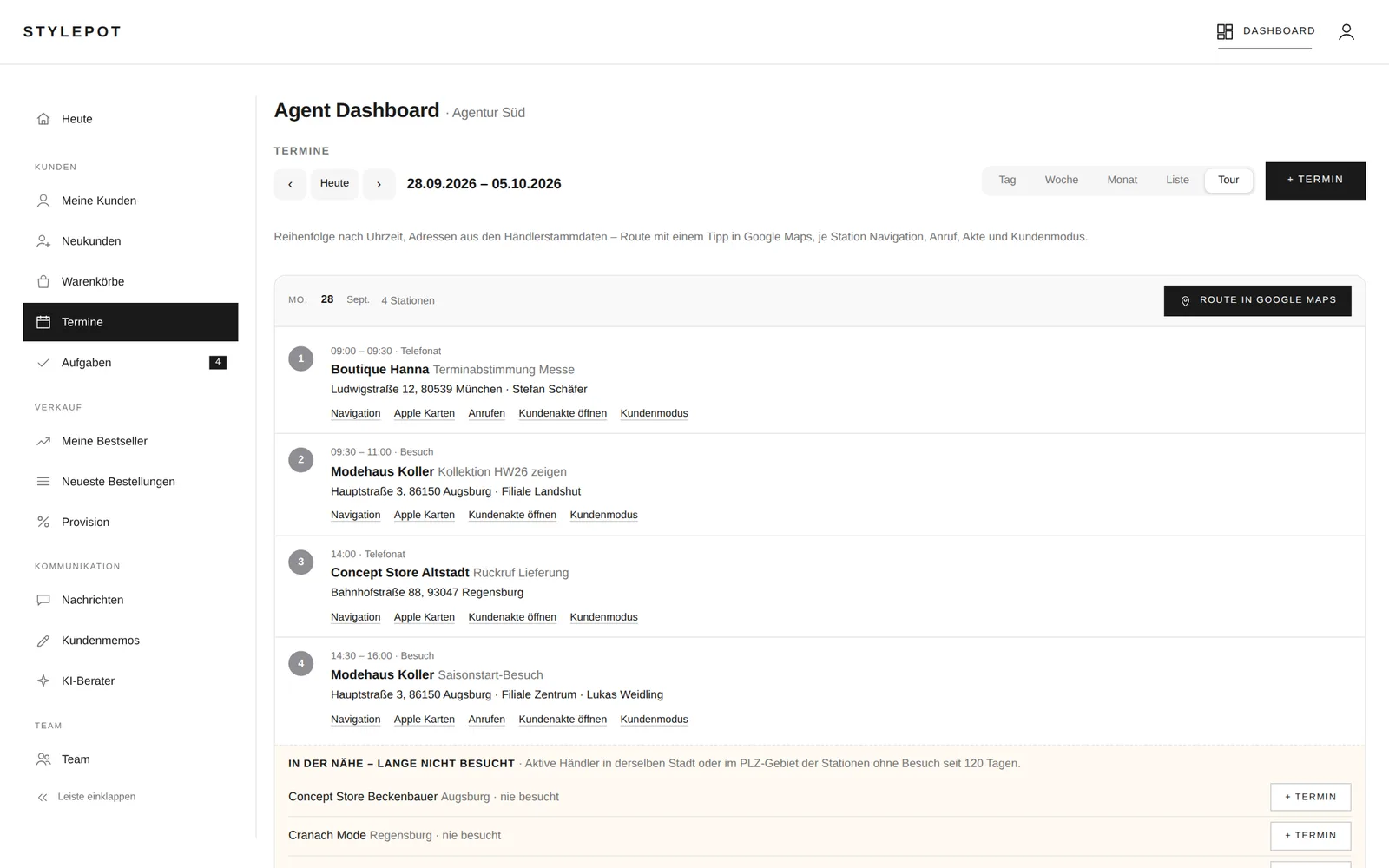 Tourenplanung eines Vertreters in STYLEPOT